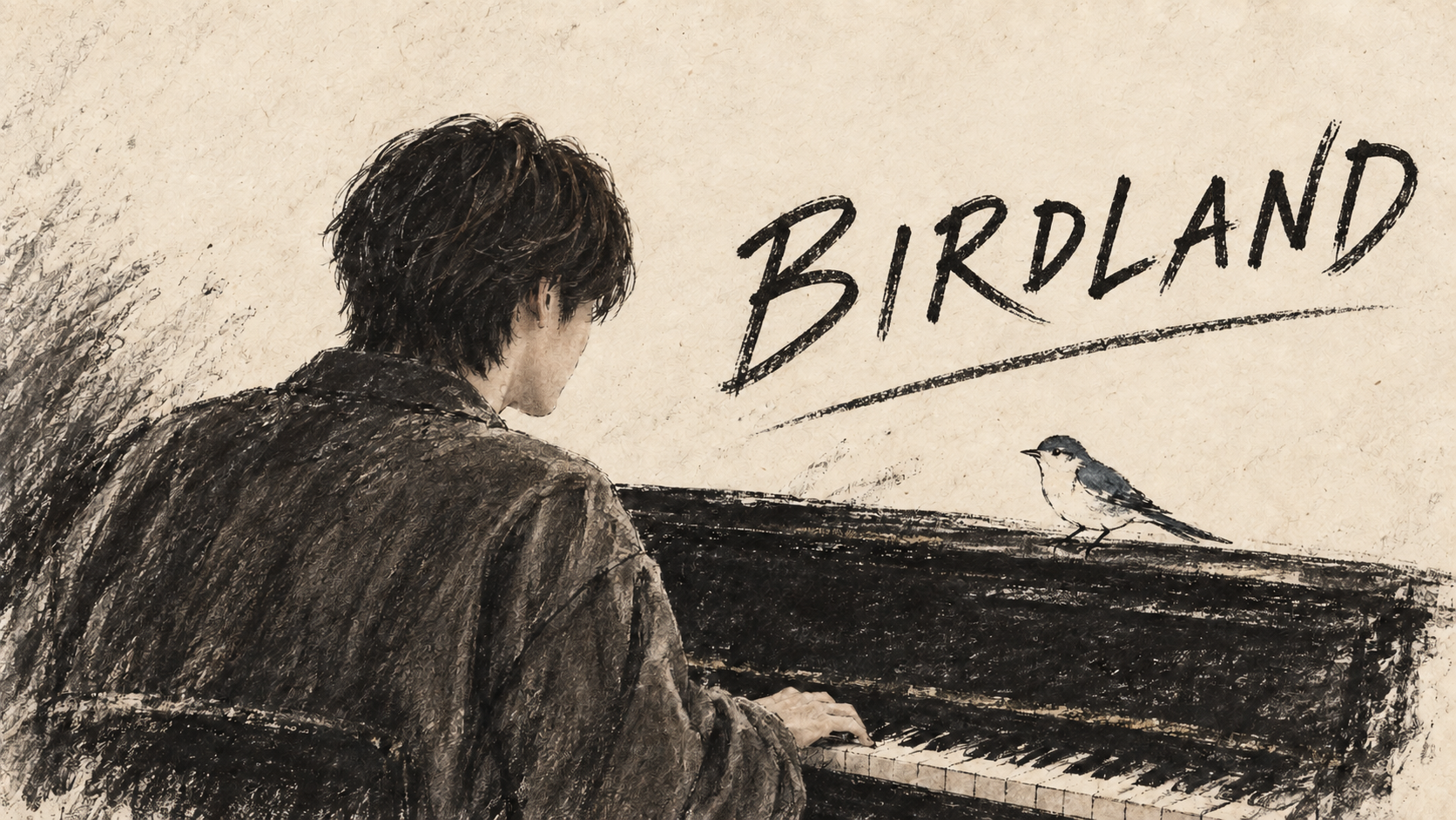 ピアノを弾く人物と小鳥の手描きイラスト。BIRDLANDのロゴ入り。